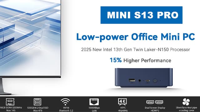 Beelink Mini S13 Mini PC,13th Intel Twin Lake-N150 (up to 3.6GHz, Upgraded N100), 16GB DDR4 500GB M.2 SSD, Mini Desktop Computer Support 4K Dual Display/USB 3.2/WiFi 6/BT 5.2 for HTPC/Office/Business