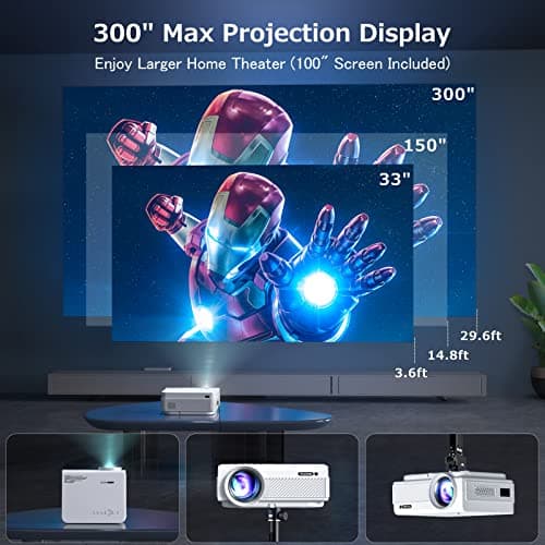 Projector with WiFi and Bluetooth, FUDONI 5G WiFi Native 1080P Outdoor Projector 15000L Support 4K, Portable Movie Projector with Screen and Max 300", for iOS/Android/Laptop/TV Stick/HDMI/USB/VGA/TF