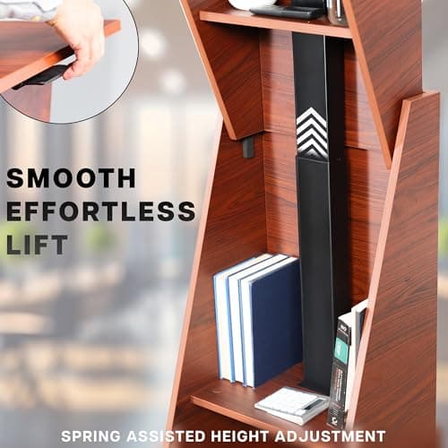 VIVO Pneumatic Height Adjustable Podium, Professional Presentation Lectern with 24 inch Platform and Storage Shelves, Dark Walnut, Stand-PDMH
