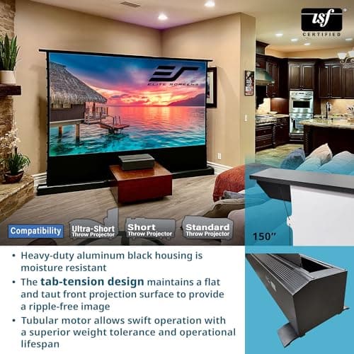 EliteProjector Screens Kestrel Tab-Tension 3 CineWhite, 122" Diag., 16:9 Aspect Ratio, ISF Certified 4K/8K Ultra HD Electric Floor-Rising Motorized Tab-Tensioned Front Projector Screen, FTE122H3