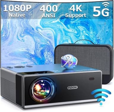 FUDONI Projector with 5G WiFi and Bluetooth, 1080P 18000L Outdoor Projector with HDMI and USB, Max 300" Display Zoom Function for Movies & Gaming, Compatible with TV Stick/Phone/Laptop