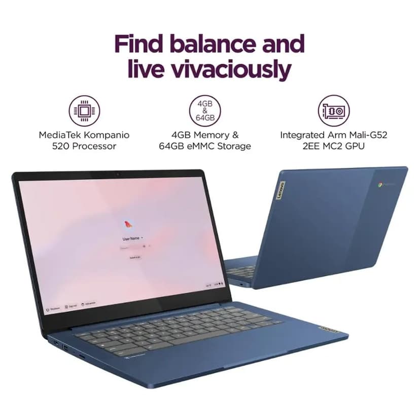 Lenovo IdeaPad Slim 3 Chromebook - 14'' Full HD (1920 x 1080) Display • 8-Core MediaTek Kompanio 520 CPU • 4GB RAM • 64GB eMMC & 256GB Micro SD Card • Wi-Fi 6 • for Business Student • Chrome OS • Blue