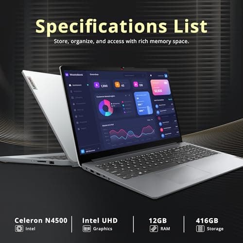 Lenovo Ideapad 1 15.6" HD Anti-Glare Laptop, Intel Celeron N4500, 12GB RAM, 416GB Storage(256GB SSD+160GB Docking Station Set), Intel UHD Graphics, Num Pad, Webcam, Win 11s, Grey