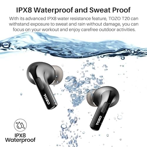 TOZO T20 Wireless Earbuds Bluetooth Headphones 48.5 Hrs Playtime with LED Digital Display, IPX8 Waterproof, Dual Mic Call Noise Cancelling 10mm Broad Range Speakers with Wireless Charging Case