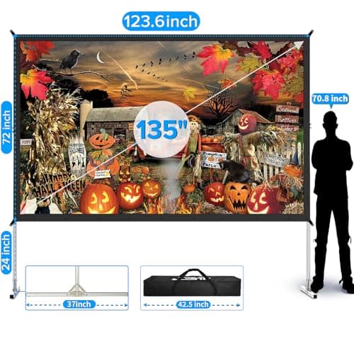 Projector Screen and Stand,JWSIT 135 inch Outdoor Movie Screen-Upgraded 3 Layers PVC 16:9 Outdoor Projector Screen,Portable Video Projection Screen with Carrying Bag for Home Theater Backyard