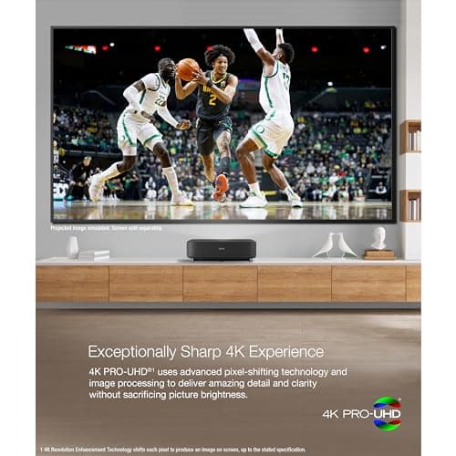 Epson EpiqVision Ultra LS650 Ultra Short Throw 3-Chip 3LCD Smart Streaming Laser Projector, 4K PRO-UHD, HDR, 3,600 Lumens, up to 120", Epson Setting Assistant, Android TV, Sound by Yamaha - Black
