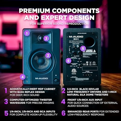 M-AUDIO BX3 Pair 3.5" 120W Studio Monitors, HD PC Speakers for Recording and Multimedia with Music Production Software
