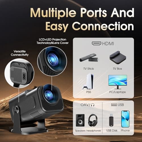 [Built-in App] Mini Projector 1920*1080P 4K Support Projector with Mouse Portable Projector with WiFi and Bluetooth 180° Adjustable Auto Keystone HDMI/TV Stick/USB/PS5/Laptop, with HDMI Cable & Mouse