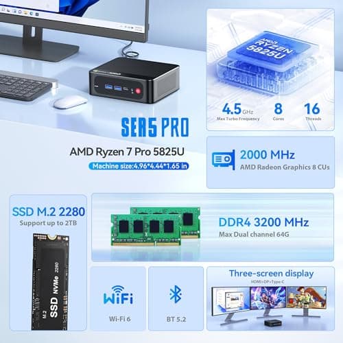 Beelink Mini PC AMD Ryzen 7 5825U Up to 4.5GHz 8C/16T, SER5 32GB RAM 500GB SSD Graphics 8core 2000 MHz, M2 SSD NVME 2280 Mini Computer 2.5GLAN/ WiFi 6/BT5.2/HDM/DP/USB3.2,Home/Office