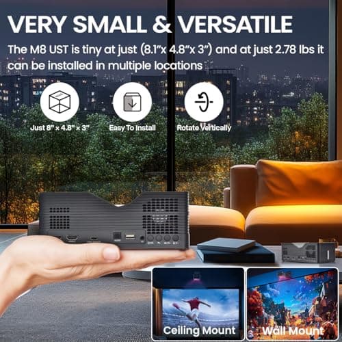 AAXA M8 UST Ultra Short Throw 4K Laser Projector 1100 LD Lumens, BT 5.4, WiFi 6, USBC Mirroring, 2xHDMI, Optical Audio, Efocus, Auto Keystone, Smart Technology
