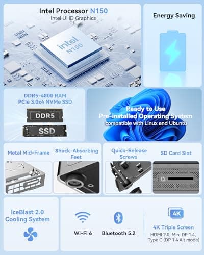 GEEKOM Air12 Mini PC with 13th Gen Intel N150, 16GB DDR5 512GB NVMe SSD Mini Desktop Computer, 4K Triple Display via HDMI 2.0+MiniDP 1.4+USB-C, SD Slot, WiFi 6/BT5.2, Gigabit LAN, VESA for Home&Office