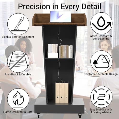 Wooden Podium Stand with Footrest, Rolling Lectern with Storage, 23.6” Desktop, Built-in Cable Holes, Sturdy Base, Mobile Pulpit for Churches, Conferences & Classrooms