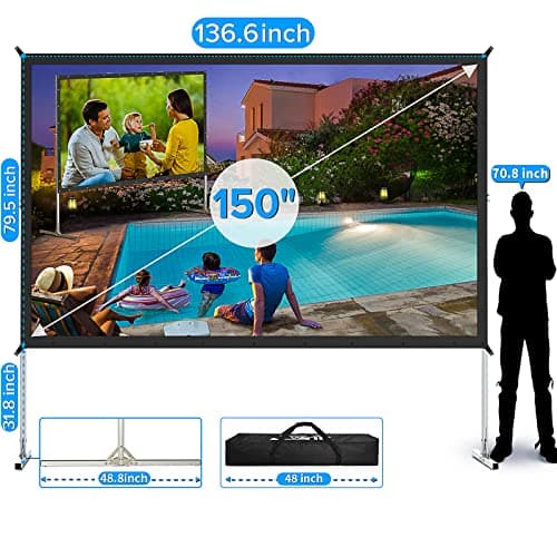 150 inch Projector Screen with Stand, Upgraded 3 Layers PVC 16:9 Outdoor Projector Screen, Outdoor Movie Screen with Carrying Bag for Home Theater Backyard