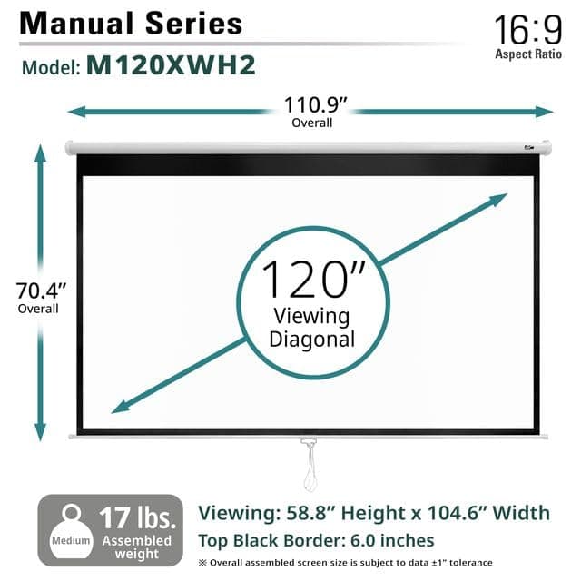 Elite Screens Manual Series, 120-INCH 16:9, Pull Down Manual Projector Screen with AUTO LOCK, Movie Home Theater 8K / 4K Ultra HD 3D Ready, 2-YEAR WARRANTY, M120XWH2