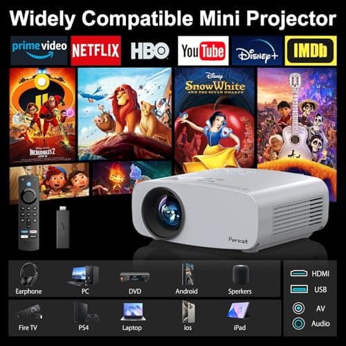 Projector with WiFi and Bluetooth, Pericat 13000L 4K Supported Native 1080P Projector, Portable Movie Outdoor Projector for Home Theater, Mini Projector Compatible w/ PC, HDMI, USB, TV Stick, PS5