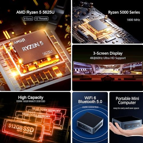 Mini PC AMD Ryzen 5 5625U (6C/12T, Upto 4.3GHz) 16GB DDR4 RAM 512GB NVME SSD, Type-c Mini Computers with Win 11 Pro/3-Screen Display/WiFi 6/BT 5.0/RJ45 LAN/USB 3.0