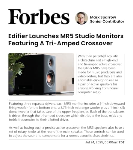 Edifier MR5 2.0 Studio Monitor Bookshelf Speakers, 110W(RMS), Hi-Res Audio, Bluetooth 6.0, 3-Way Active Design, Room Compensation, XLR/TRS/RCA Inputs, Compact Size for Home Studio & Music - Black