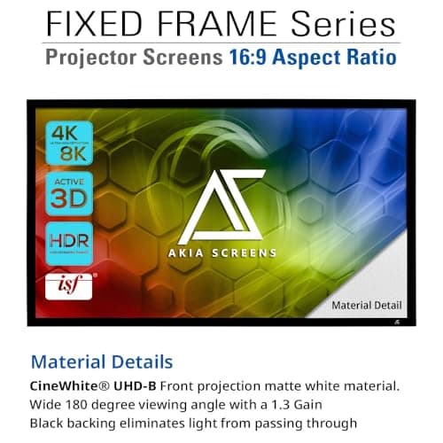 Akia Screens Fixed Frame Projector Screen 120 inch 16:9 8K 4K Ultra HD 3D Ready Wall Mount CINEWHITE UHD-B 120 Projection Screen for Indoor Movie Video Home Theater Cinema Office AK-FF120WH2
