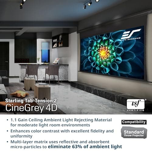 Elite Screens Starling Tab-Tension 2 CineGrey 4D, 106" 16:9, Ceiling, Ambient Light Rejecting (CLR/ALR) Tab-Tensioned Electric Drop Down Front Projector Screen Programmed Remote Kit, STT106UHD4-E12