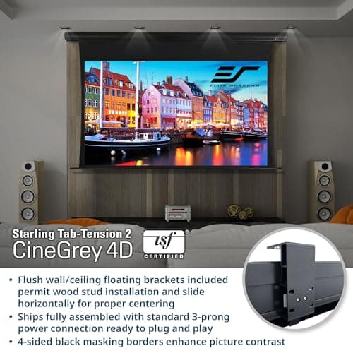 Elite Screens Starling Tab-Tension 2 CineGrey 4D, 106" 16:9, Ceiling, Ambient Light Rejecting (CLR/ALR) Tab-Tensioned Electric Drop Down Front Projector Screen Programmed Remote Kit, STT106UHD4-E12