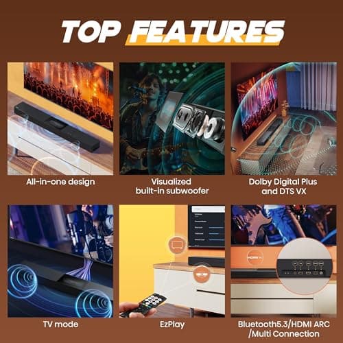 Hisense A620 2.1ch All-in-one Sound Bar with Built-in Subwoofer, 240W, DTS Virtual: X, Dolby Dightal Plus, Bluetooth 5.3, Roku TV Ready, HDMI ARC/AUX/USB, Ez Play, Black (A620, 2024 Model)