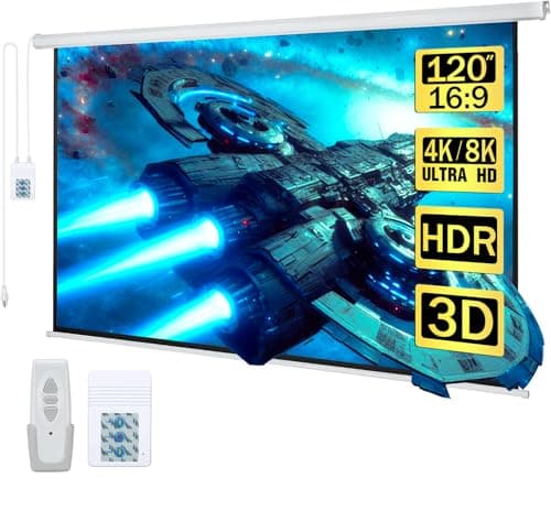 Kayle 120" Motorized Projector Screen Electric Diagonal Automatic Projection 16:9 HD Movies Screen for Home Theater Presentation Education Outdoor Indoor W/Wireless Remote, Wall/Ceiling Mount (White)