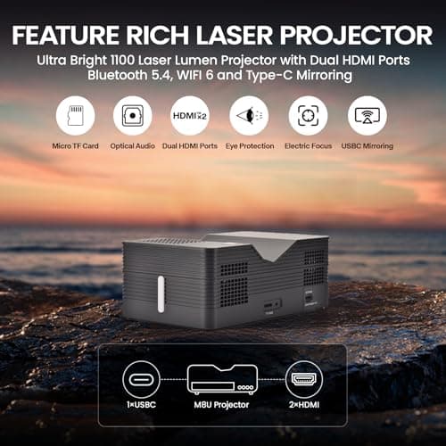 AAXA M8 UST Ultra Short Throw 4K Laser Projector 1100 LD Lumens, BT 5.4, WiFi 6, USBC Mirroring, 2xHDMI, Optical Audio, Efocus, Auto Keystone, Smart Technology