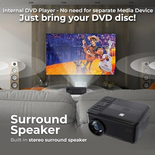 RCA DVD PROJECTOR WITH SPEAKER BUILT IN - Mini Portable Projector with Bluetooth - Indoor/Outdoor Projector and Screen Package - HDMI/AV/VGA/Micro SD Compatible - Quiet Fan System - 1920x1080 Res