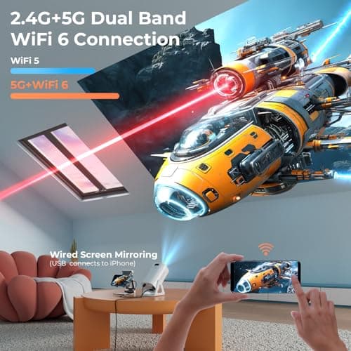 Portable WiFi and Bluetooth Projector - 4K 1080P Supported Mini Movie Projector, 270°Adjustable Stand Outdoor Home Theater Star Projector with Ambient Light for Phone TV Stick Laptop