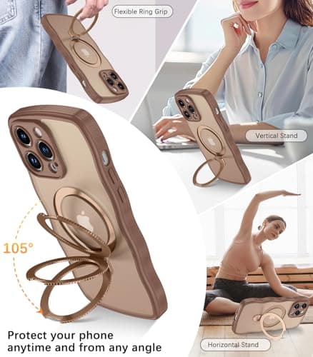 BENTOBEN for Magnetic iPhone 15 Pro Case, [Compatible with Magsafe] [Curly Wave Frame Design] Non-Slip Easier Grip Kickstand Ring Holder Protective Bumper Cute Girls Men Phone Cover, Desert Titanium
