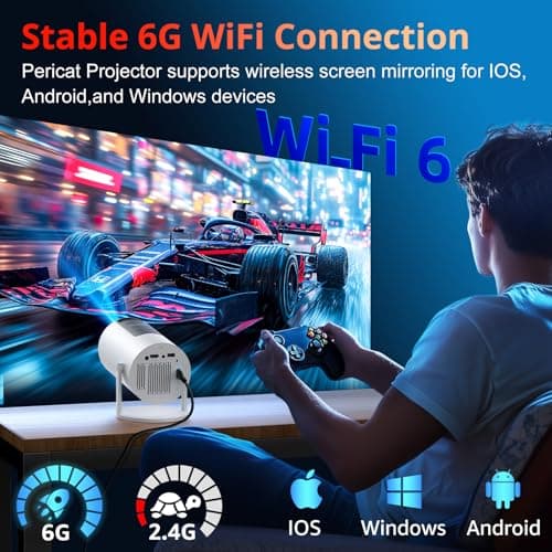 Auto Keystone Projector with WIFI and Bluetooth, Pericat 210° Rotatable Portable Projector, 18000L Native 1080P Home Theater, Outdoor Movie Projectors Compatible with TV Stick, Laptop, PC, Smartphone