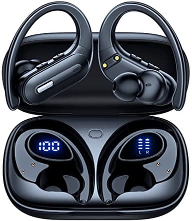 Wireless Earbuds Bluetooth 5.3 Headphones 90 Hrs Playtime Ear buds with Wireless Charging Case Power Display Over-ear Earphones with Earhooks Waterproof Stereo Headset for Android phone Workout Black
