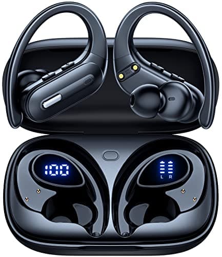 Wireless Earbuds Bluetooth 5.3 Headphones 90 Hrs Playtime Ear buds with Wireless Charging Case Power Display Over-ear Earphones with Earhooks Waterproof Stereo Headset for Android phone Workout Black