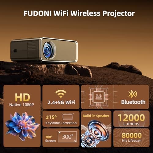 FUDONI Projector with WiFi and Bluetooth 4K Supported, Upgraded Outdoor Movie Projector Native 1080P 12000L,Portable Video Projector for Home Theater,Compatible w/HDMI/USB/iOS/Android/Windows/TV Stick