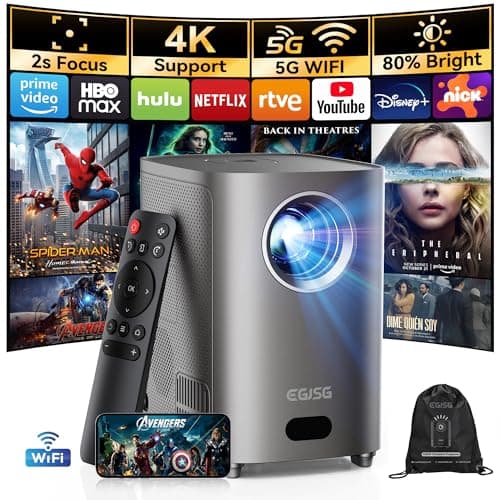 [One-Button Focus] Mini Projector with 5G WiFi and Bluetooth, 4K Outdoor Smart Projector with Carry Bag, Portable Movie Projector with Zoom, Home Theater Projector for Phone/TV Stick/PC