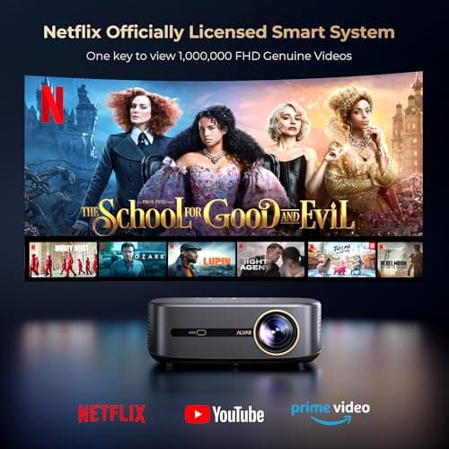 [1000 ANSI & Audio by DBX-TV] Alvar 4K Projector with WiFi 6 and Bluetooth, 30W Speakers, Netflix Certified & DoIby Audio Outdoor Proyector, Auto Focus Native 1080P Smart Projector, Black