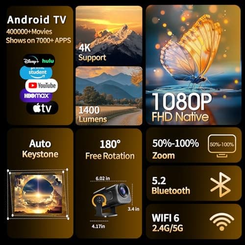 [Built-in App] Mini Projector 1080P Full HD, 4K Projector with 180° Rotation, Portable Projector WiFi 6 & Bluetooth 5.2 Support,Featuring Auto Keystone Correction,HDMI/USB Connectivity Projector Black