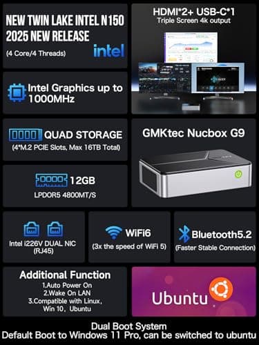 GMKtec G9 Plus Mini PC NAS, Intel N150 Dual Boot 11 Pro Linux Desktop Computer 12GB DDR5 64GB EMMC + 1TB M.2 SSD, 4*M.2 NVMe Slots, Dual NIC 2.5GbE, USB-C 10Gbps, Network Attached Storage