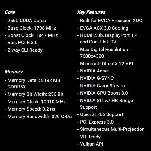 EVGA GeForce GTX 1080 SC GAMING ACX 3.0, 8GB GDDR5X, LED, DX12 OSD Support (PXOC) Graphics Card 08G-P4-6183-KR (Renewed)
