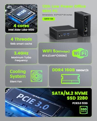 Mini PC,N100 B4 Mini Desktop Computer,16GB DDR4 RAM,512GB PCIE 3.0 SSD,Dual Display,1 RJ45 1G LAN,USBx4,Type-C, Wi-Fi5,BT4.2,for School PC, Office PC, Home Theater