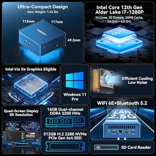 GEEKOM Mini PC IT12(3-Year Quality Support),with 12th Gen Intel i7-1280P NUC12 Mini Computers,16GB RAM/512GB NVMe PCIe Gen 4 SSD Windows 11 Pro Desktop PC,USB 4.0/2.5G LAN/8K,for Business|Office|Home