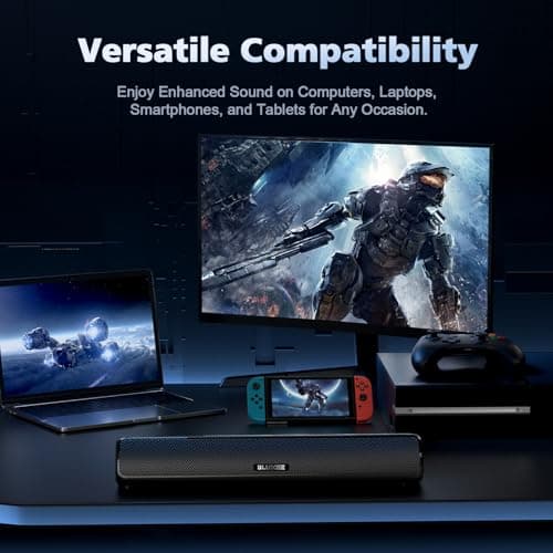 Computer Speakers for Desktop PC, HiFi Stereo Poratble Bluetooth Speaker, Computer Soundbar, 3.5mm Aux-in Computer Sound Bar with Deep Impactful Bass, Gaming Speakers for PC,Laptop,Tablet