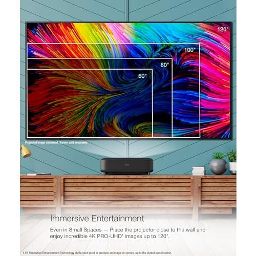 Epson EpiqVision Ultra LS650 Ultra Short Throw 3-Chip 3LCD Smart Streaming Laser Projector, 4K PRO-UHD, HDR, 3,600 Lumens, up to 120", Epson Setting Assistant, Android TV, Sound by Yamaha - Black