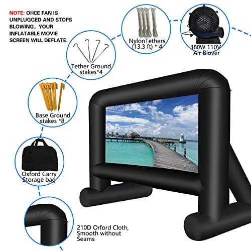 16 Feet Inflatable Movie Screen Outdoor, Projection Screen with Air Blower, Tie-Downs and Storage Bag - Easy Set up, Blow Up Screen for Backyard Movie Night, Theme Party
