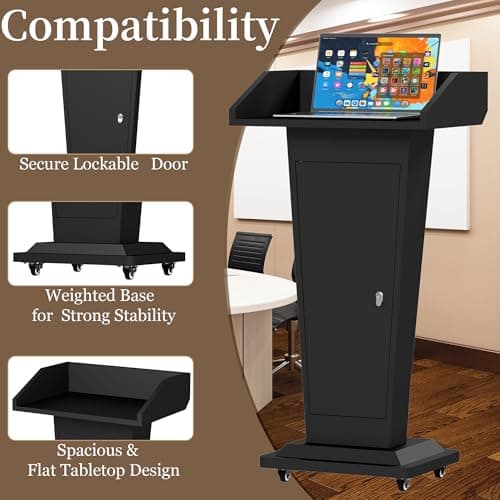 Heavy-Duty Black Metal Podium Stand with Lockable Wheels | Mobile Lectern with Storage Cabinet & Adjustable Height | for Conference Rooms, Churches, Classrooms & Events