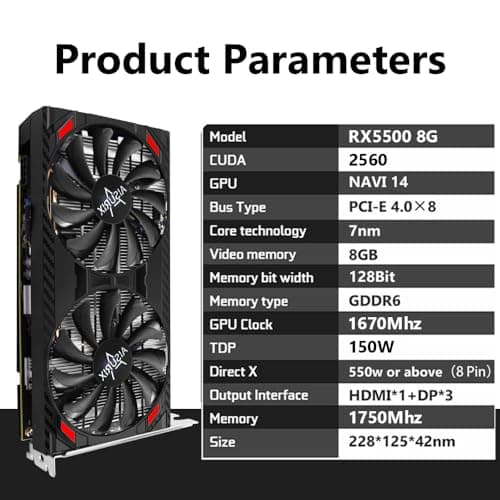 RX 5500 8gb GDDR6 Graphics Card,128 Bit, 3XDP, HDMI, PCI Express 4.0X8, 8pin with Fan Intelligent System,Gaming PC Computer Video Cards with 3X DisplayPort +1X HDMI (5500 Style 2)