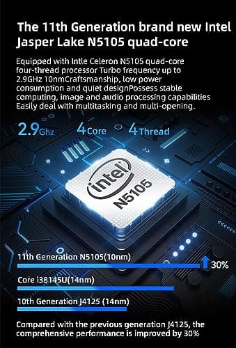 Windows 11 Pro Mini PC, Intel 11th Gen N5105 CPU, LPDDR4 8GB RAM 256GB M.2 NVME SSD, Mini Desktop Computer with Dual 4K HDMI WiFi5 BT4.2, Support Gigabit Ethernet for Office Home Theater Gaming