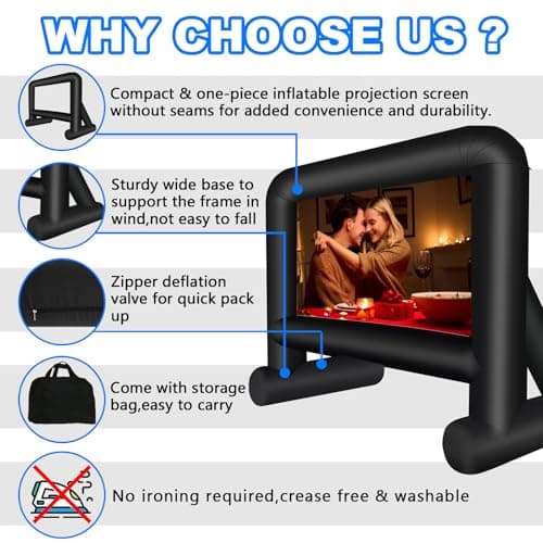 16 Feet Inflatable Movie Screen Outdoor, Projection Screen with Air Blower, Tie-Downs and Storage Bag - Easy Set up, Blow Up Screen for Backyard Movie Night, Theme Party