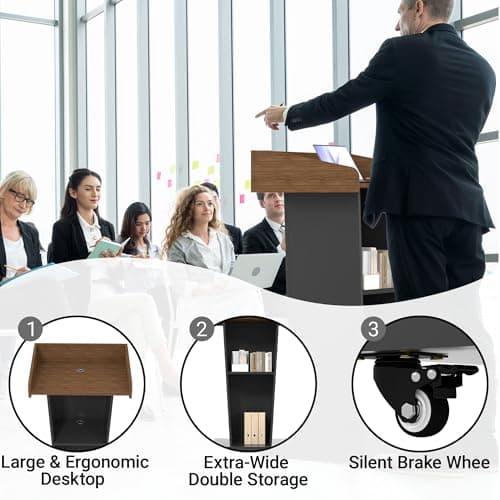 Wooden Podium Stand with Footrest, Rolling Lectern with Storage, 23.6” Desktop, Built-in Cable Holes, Sturdy Base, Mobile Pulpit for Churches, Conferences & Classrooms