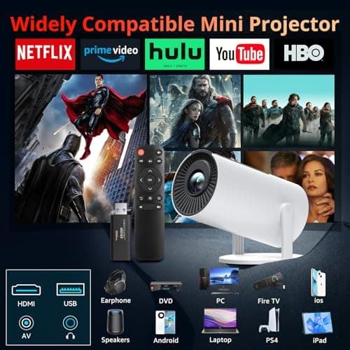 Auto Keystone Projector with WIFI and Bluetooth, Pericat 210° Rotatable Portable Projector, 18000L Native 1080P Home Theater, Outdoor Movie Projectors Compatible with TV Stick, Laptop, PC, Smartphone